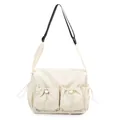 Borsa a tracolla minimalista in nylon a righe beige con tasche e tracolla regolabile - Bianco Sporco
