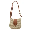 Fashionable woven straw crossbody bag with brown leather flap and vintage metal buckle - Off White
