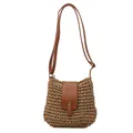 Handcrafted beige woven straw crossbody bag with brown leather flap and metal buckle - Dark Khaki