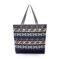 Ethnic bohemian canvas tote bag with elephant print and blue geometric patterns - Large Capacity / Blue