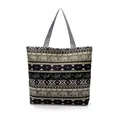 Ethnic style canvas tote bag with elephant print and striped handles on white background - Large Capacity / Black