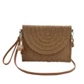 Straw woven envelope crossbody bag with pompom decor and brown leather shoulder strap - Dark Khaki
