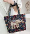 Borsa tote etnica in maglia con motivo a elefante bianco e tracolla a righe - Elefante a Fiori Neri