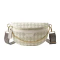 Fashionable beige crescent waist bag with textured leather and patterned shoulder strap - White