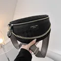 Quilted black PU leather crossbody chest bag with gold chain and wide patterned strap - Black