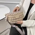 Women's quilted coffee and beige chain chest bag with wide woven strap - Khaki