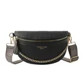 Black quilted crossbody bag with golden chain and wide patterned strap on white background - Black