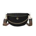Black quilted waist bag with gold chain and colorful ethnic patterned wide shoulder strap - Black