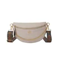 Beige quilted crescent waist bag with gold V-logo and ethnic embroidery strap - Off White