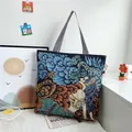 Borsa tote in tela con motivo floreale stile pittura a olio e manici a strisce - Bellezza Artistica Arancione