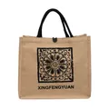 Casual jute tote bag with mandala print and black rope handles for daily shopping - Cube
