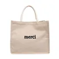 Bolso tote minimalista de yute natural con estampado merci negro y asas tejidas - Patrón de letra M