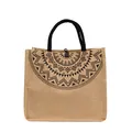 Bolso tote de yute ecológico con patrón geométrico negro y asas redondas negras - Tótem de semicírculo