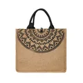 Large burlap tote bag with black geometric print and wooden button closure on white background - Black