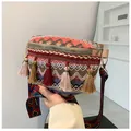 Bohemian woven crossbody chest bag with colorful geometric patterns and long tassels - Khaki