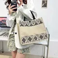 Linen tote bag in beige with black geometric prints and woven rope handles - Totem 1