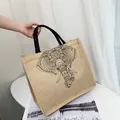 Vintage large capacity elephant print jute tote bag with black rope handles for shopping - Elephant