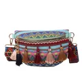 Ethnic bohemian waist bag with colorful embroidery and tassels on a white background - Blue