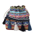Sac seau ethnique à cordon avec motifs tissés colorés et détails à glands - Ethnique Vague Multicolore / Style 2 Bleu