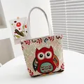Borsa tote vintage in tela ricamata con motivo a gufo rosso e fiori colorati - Standard / Pangya