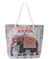 Ethno-Tragetasche aus blauem Canvas mit Elefanten-Stickerei und Seilgriffen - Exklusive Steuern / Goldener Zweig Elefant Stil