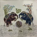 Portamonete vintage in tela ricamata con motivi etnici di elefanti in lino beige - Standard / Coppia di Elefanti