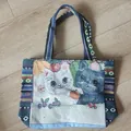 Borsa tote etnica in maglia con gatti cartoon e spalline colorate intrecciate - Gatto con Frutta