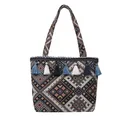 Tragetasche im Ethno-Stil mit bunten geometrischen Mustern und Boho-Quasten-Dekor - Schwarz