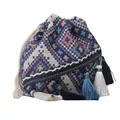 Ethnic woven bucket bag with geometric patterns, tassel accents and drawstring closure - Blue