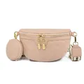 Marsupio in pelle trapuntata beige con portamonete tondo e tracolla fantasia - Cachi