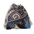 Bohemian drawstring bucket bag with ethnic geometric patterns and colorful tassels - Black