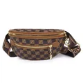 Dettaglio del marsupio a scacchi marroni con doppie cerniere dorate e stampa monogramma - Plaid