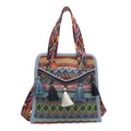 Sac seau tissé ethnique aux motifs géométriques vibrants et glands colorés - Bleu