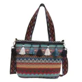 Ethno-Boho-Umhängetasche mit bunten geometrischen Mustern und dekorativen Quasten-Details - Blau