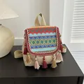 Ethnic bohemian backpack in beige canvas with colorful embroidery and long tassels - Lake Blue