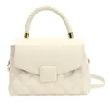 Beige quilted handbag with woven top handle and gold hardware for crossbody wear - White