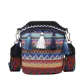 Secchiello intrecciato etnico boho con motivi geometrici colorati e nappe di seta - Nero