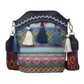 Borsa a secchiello in stile etnico in tessuto intrecciato con nappe blu e tracolla - Blu scuro