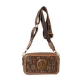 Borsa fotografica marrone con stampa monogramma e ampia tracolla in tessuto, foto centrale - Lettera Marrone