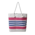 Dettaglio della borsa in tela con manici in corda e strisce viola e blu navy - Rosa Largo