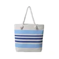 Dettaglio della borsa tote in tela a righe blu nautico con manici in corda di cotone bianco - Blu