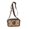 Borsa a tracolla marrone e beige con stampa monogramma vintage e ampia tracolla - Cachi DL