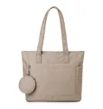 Grande borsa tote in nylon beige con spalline lunghe e portamonete rotondo abbinato - Cachi
