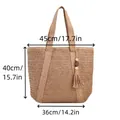 Grand sac de plage tressé couleur bois naturel avec franges décoratives et pompons - Article unique / Marron