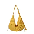Large capacity yellow nylon dumpling shoulder bag with side drawstring and wide strap - Yellow