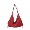 Large dark red nylon crossbody crescent bag with adjustable strap and drawstring detail - Red