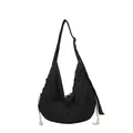 Black nylon hobo crossbody bag with white decorative rope detail and adjustable strap - Black
