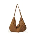 Caramel brown large nylon hobo bag with adjustable strap and contrast drawstring detail - Tan