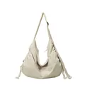 Large beige nylon crescent crossbody bag with side drawstring details and wide strap - Off White