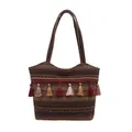 Borsa tote jacquard etnica boho con nappe colorate e motivi intrecciati retrò - Cachi